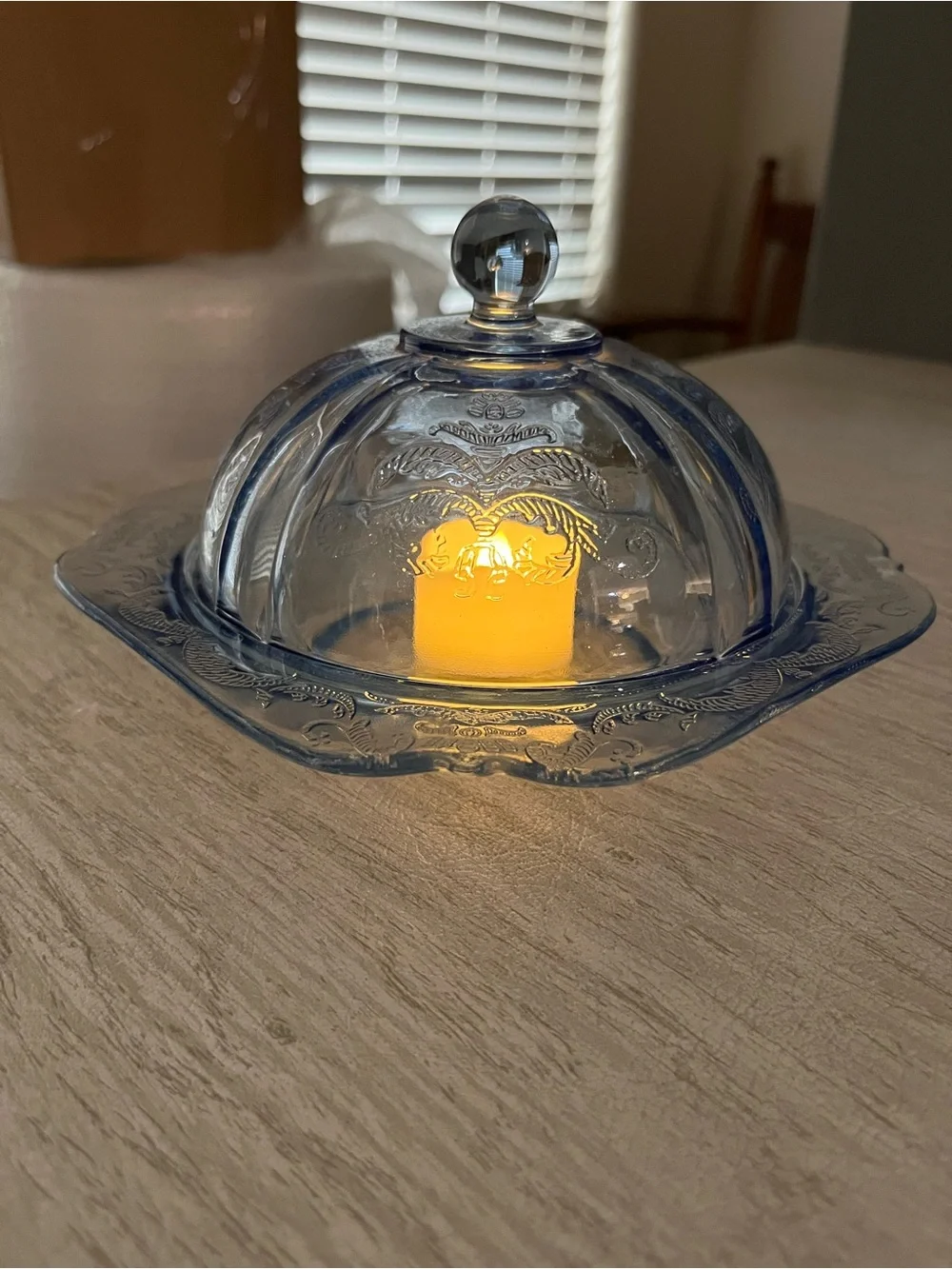 Vintage Blue Depression Glass Madrid Butter Dish Fairy Lamp